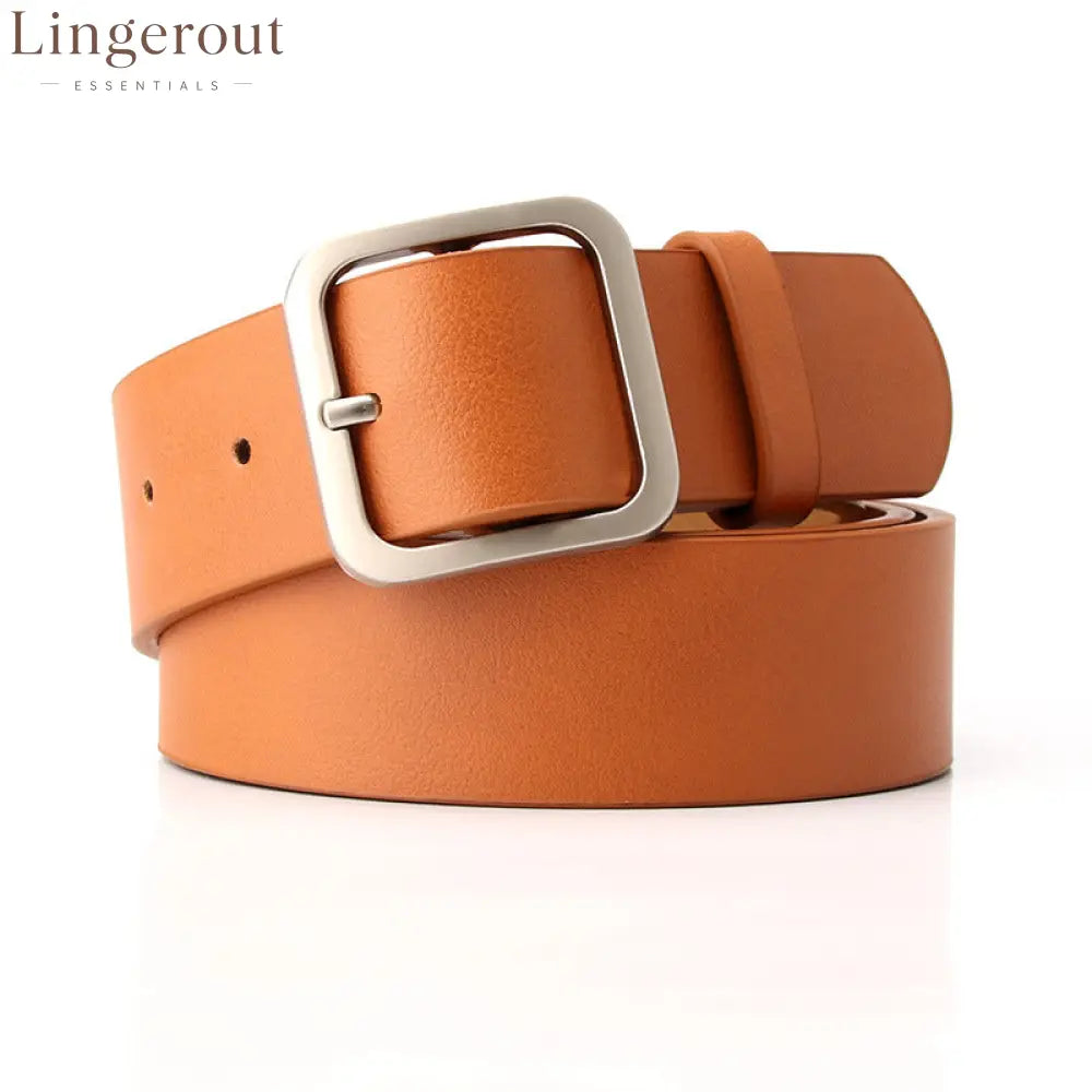 Women’s Minimalist Square Metal Buckle Leather Belt Casual Solid Waist Cinch Belt - Camel
