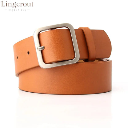 Women’s Minimalist Square Metal Buckle Leather Belt Casual Solid Waist Cinch Belt - Camel