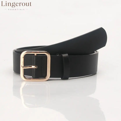 Women’s Minimalist Square Metal Buckle Leather Belt Casual Solid Waist Cinch Belt - Gold buckle black