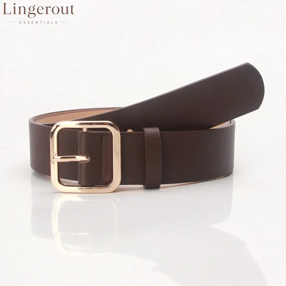 Women’s Minimalist Square Metal Buckle Leather Belt Casual Solid Waist Cinch Belt - Gold buckle brown