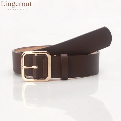 Women’s Minimalist Square Metal Buckle Leather Belt Casual Solid Waist Cinch Belt - Gold buckle brown