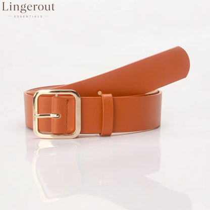 Women’s Minimalist Square Metal Buckle Leather Belt Casual Solid Waist Cinch Belt - Gold buckle camel
