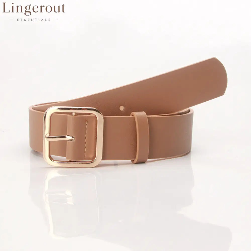 Women’s Minimalist Square Metal Buckle Leather Belt Casual Solid Waist Cinch Belt - Gold buckle khaki