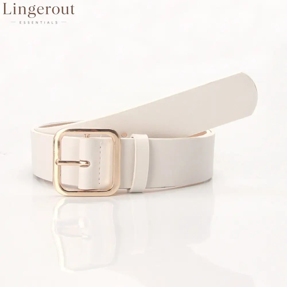 Women’s Minimalist Square Metal Buckle Leather Belt Casual Solid Waist Cinch Belt - Gold buckle white