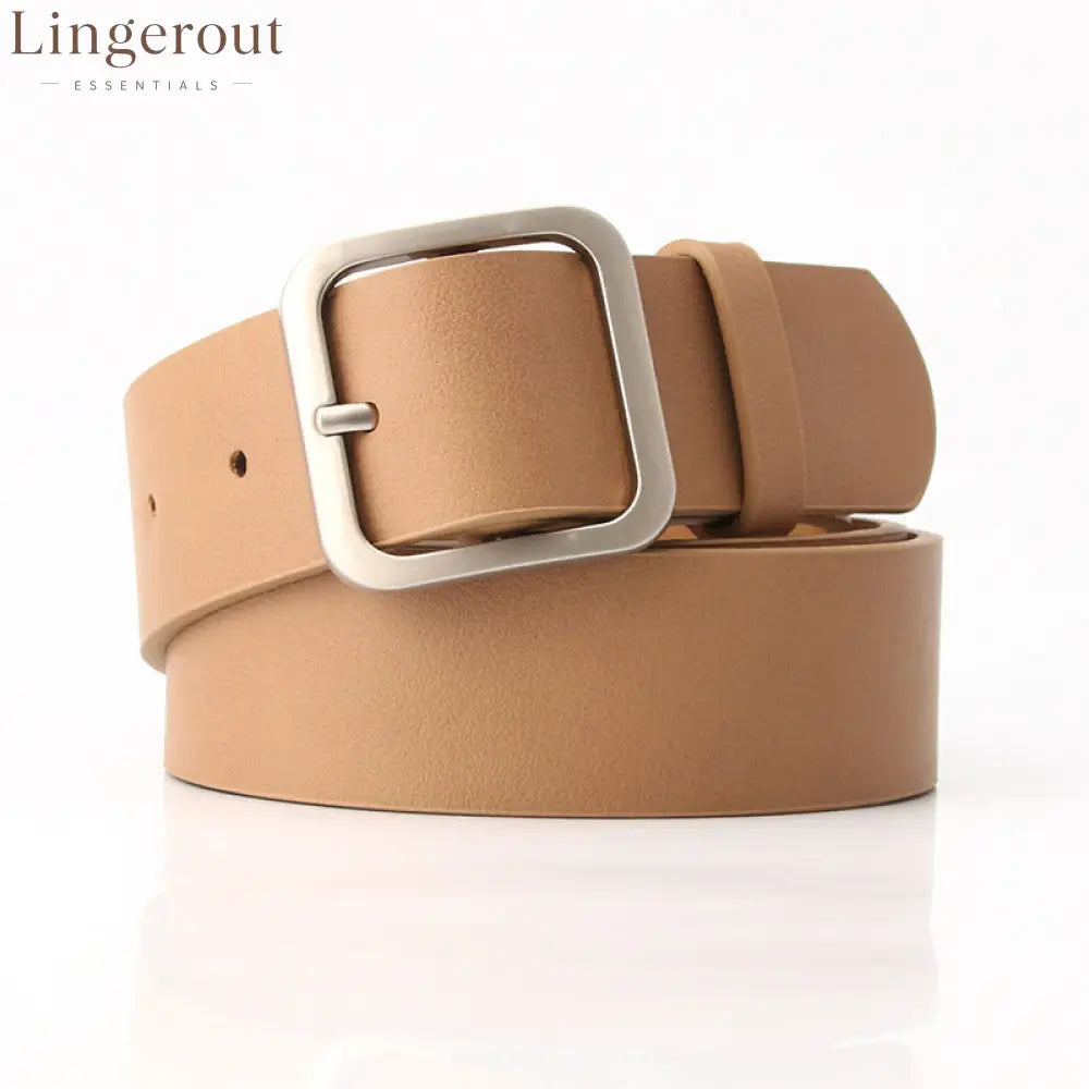 Women’s Minimalist Square Metal Buckle Leather Belt Casual Solid Waist Cinch Belt - Khaki