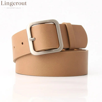 Women’s Minimalist Square Metal Buckle Leather Belt Casual Solid Waist Cinch Belt - Khaki