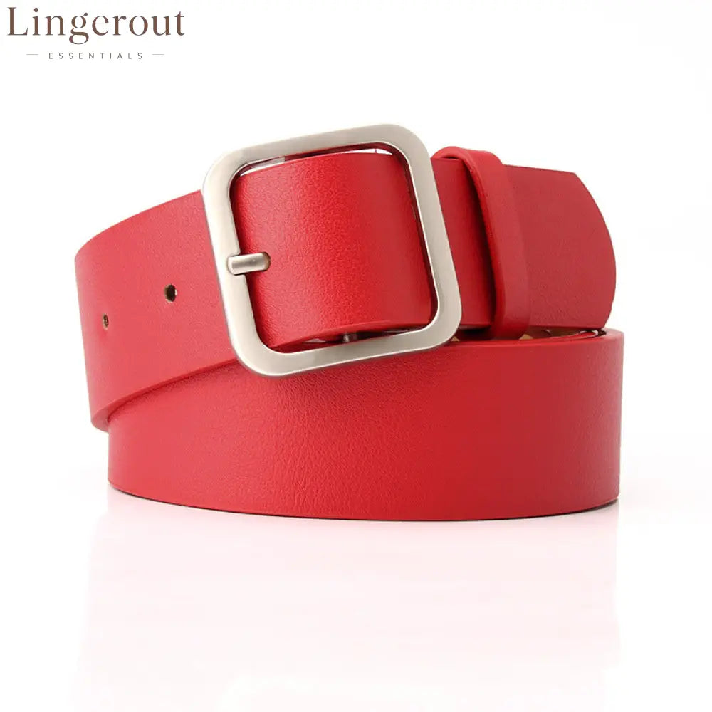 Women’s Minimalist Square Metal Buckle Leather Belt Casual Solid Waist Cinch Belt - Red