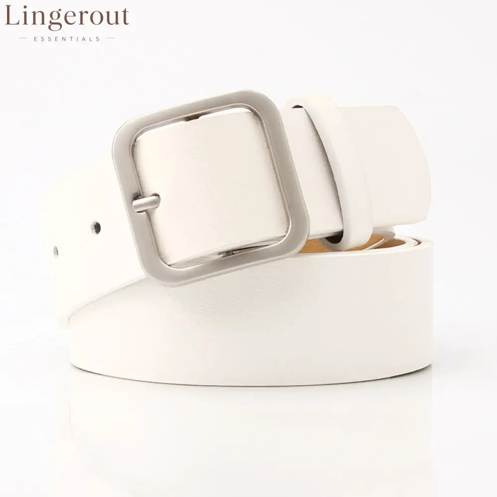Women’s Minimalist Square Metal Buckle Leather Belt Casual Solid Waist Cinch Belt - White