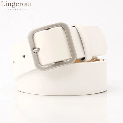 Women’s Minimalist Square Metal Buckle Leather Belt Casual Solid Waist Cinch Belt - White