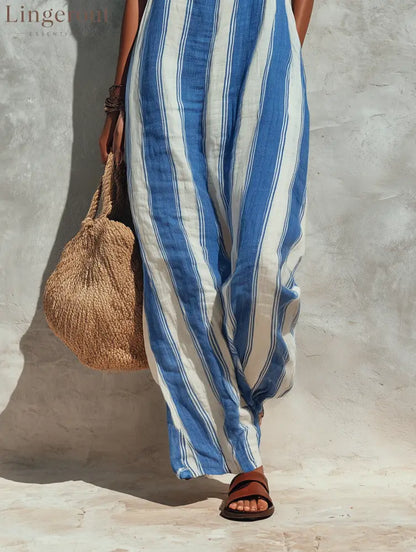 Women’s Minimalist Vacation-style Striped Printed Suspender Jumpsuit