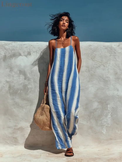 Women’s Minimalist Vacation-style Striped Printed Suspender Jumpsuit