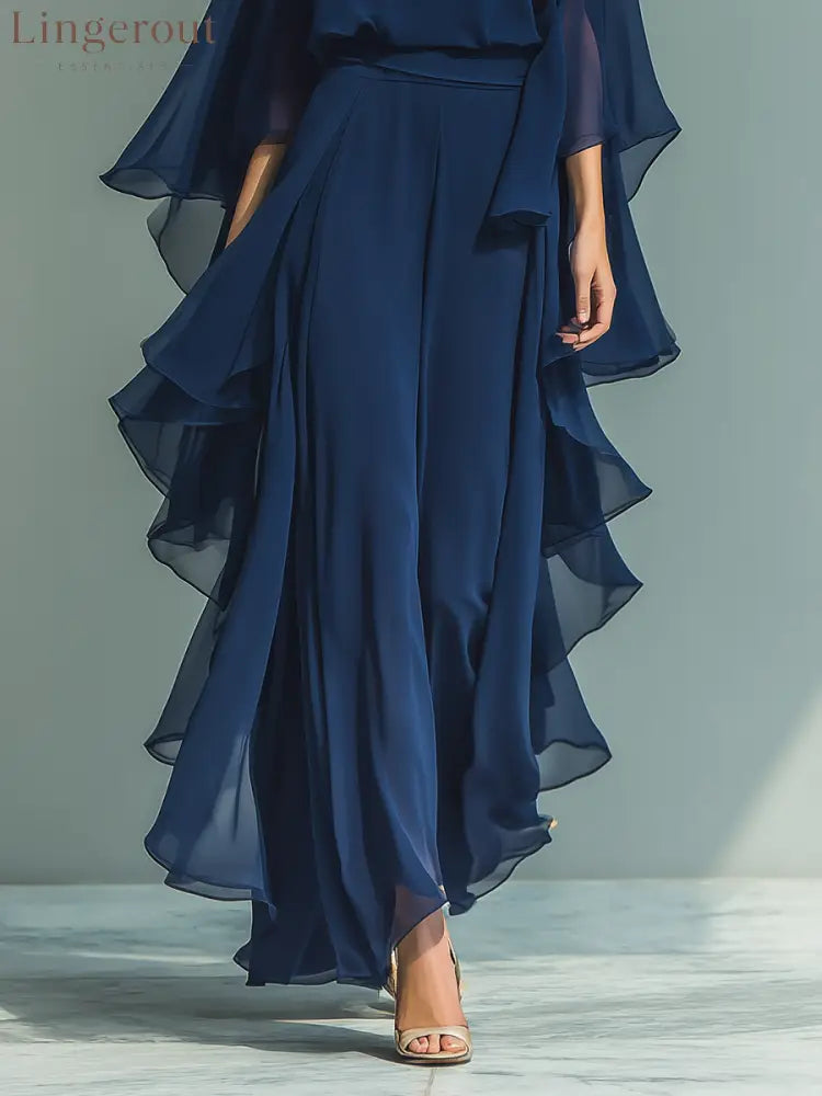 Women’s Navy Blue Chiffon Top With Flared Sleeves And Straight-leg Trousers Set With Ruffled Details