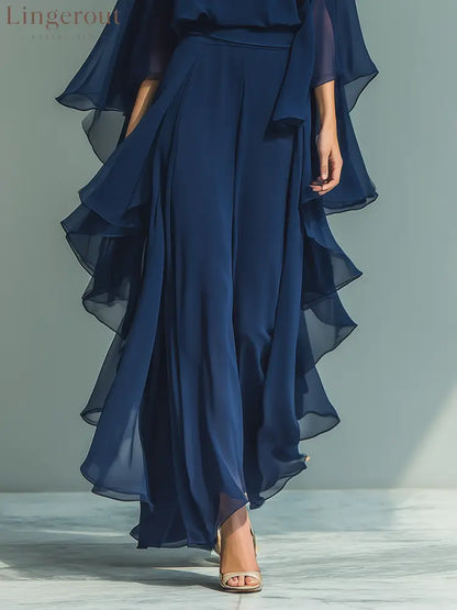 Women’s Navy Blue Chiffon Top With Flared Sleeves And Straight-leg Trousers Set With Ruffled Details