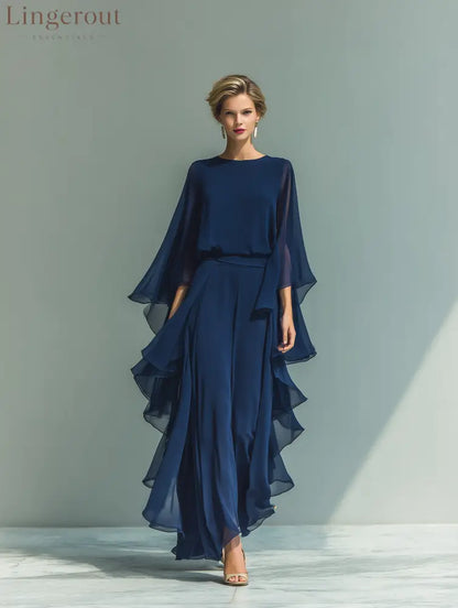 Women’s Navy Blue Chiffon Top With Flared Sleeves And Straight-leg Trousers Set With Ruffled Details