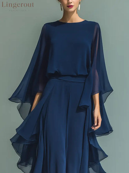 Women’s Navy Blue Chiffon Top With Flared Sleeves And Straight-leg Trousers Set With Ruffled Details