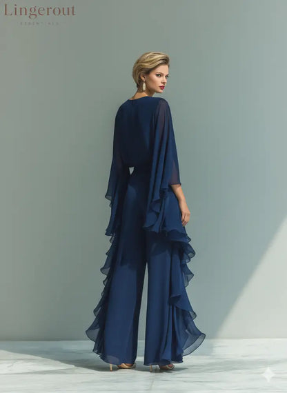 Women’s Navy Blue Chiffon Top With Flared Sleeves And Straight-leg Trousers Set With Ruffled Details