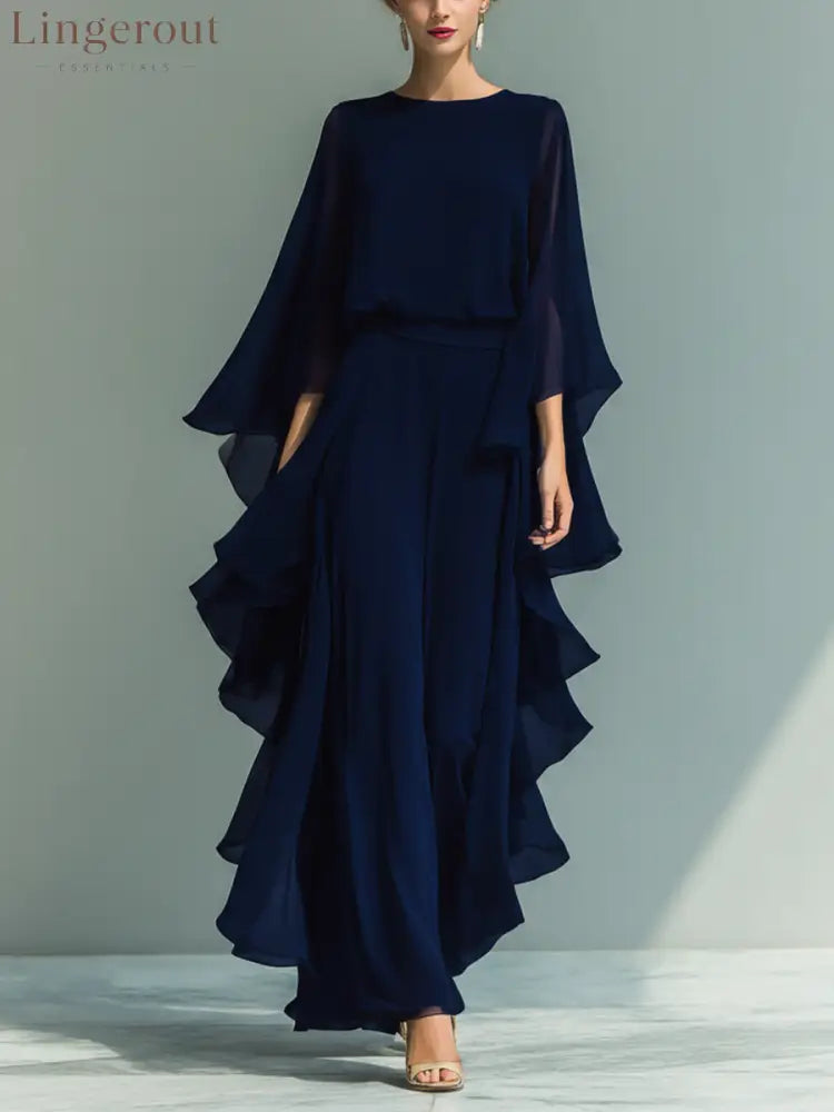 Women’s Navy Blue Chiffon Top With Flared Sleeves And Straight-leg Trousers Set With Ruffled Details - Dark Blue / S