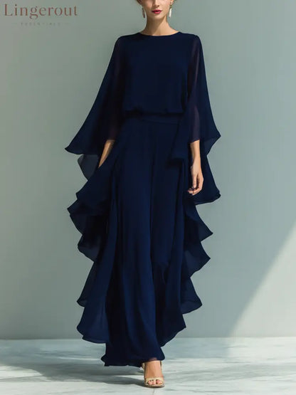 Women’s Navy Blue Chiffon Top With Flared Sleeves And Straight-leg Trousers Set With Ruffled Details - Dark Blue / S