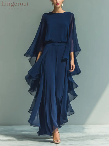 Women’s Navy Blue Chiffon Top With Flared Sleeves And Straight-leg Trousers Set With Ruffled Details - Navy Blue / S
