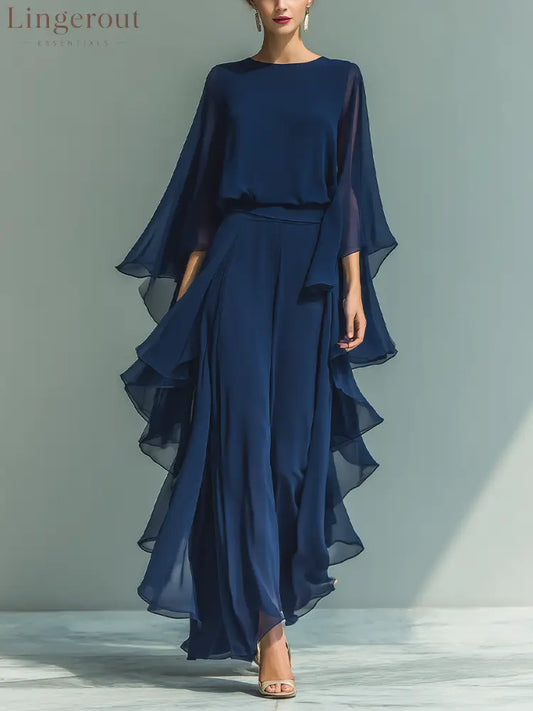 Women’s Navy Blue Chiffon Top With Flared Sleeves And Straight-leg Trousers Set With Ruffled Details - Navy Blue / S