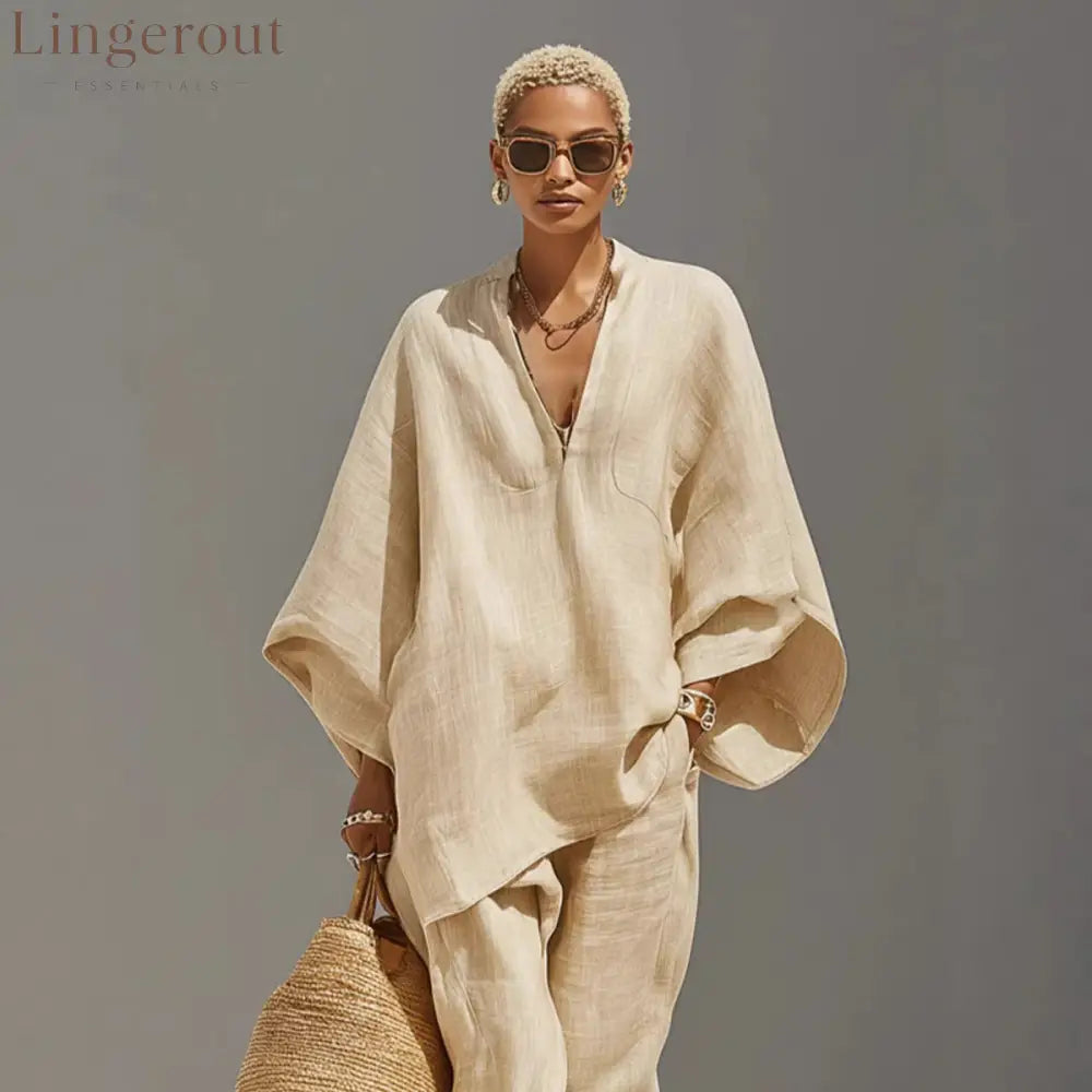 Women’s Neutral Linen Set With Asymmetric Hem & Minimalist Design Sophisticated Daily-Casual Style Set
