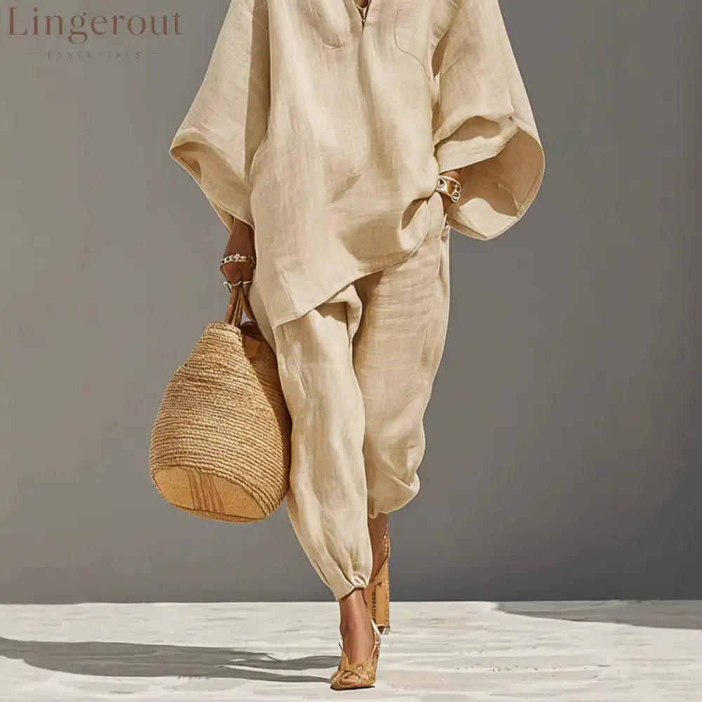Women’s Neutral Linen Set With Asymmetric Hem & Minimalist Design Sophisticated Daily-Casual Style Set
