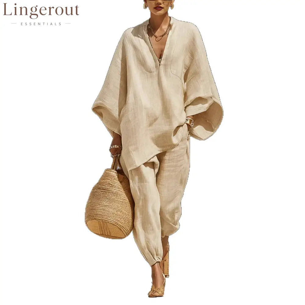 Women’s Neutral Linen Set With Asymmetric Hem & Minimalist Design Sophisticated Daily-Casual Style Set