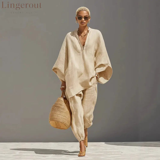 Women’s Neutral Linen Set With Asymmetric Hem & Minimalist Design Sophisticated Daily-Casual Style Set - Apricot / XS
