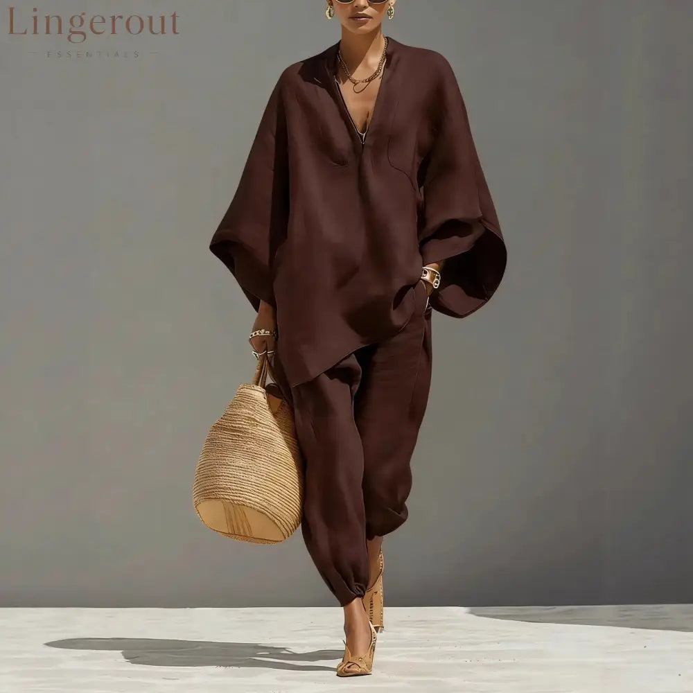 Women’s Neutral Linen Set With Asymmetric Hem & Minimalist Design Sophisticated Daily-Casual Style Set - Brown / XS