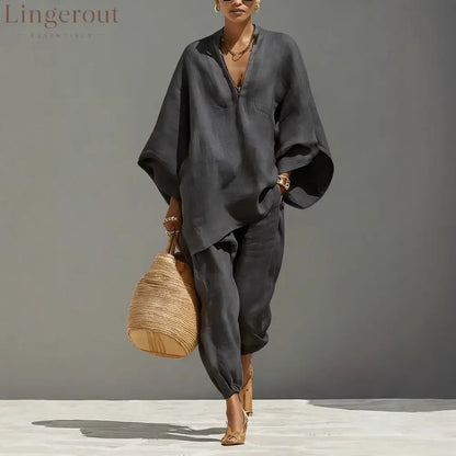 Women’s Neutral Linen Set With Asymmetric Hem & Minimalist Design Sophisticated Daily-Casual Style Set - Dark gray / XS