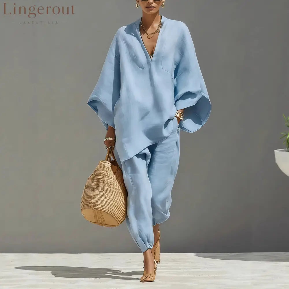 Women’s Neutral Linen Set With Asymmetric Hem & Minimalist Design Sophisticated Daily-Casual Style Set - Sky blue / XS