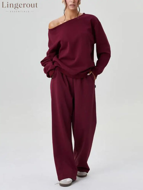 Women’s Off-Shoulder Long Sleeve Top & Wide-Leg Pants Set - Burgundy / S