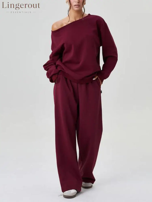 Women’s Off-Shoulder Long Sleeve Top & Wide-Leg Pants Set - Burgundy / S