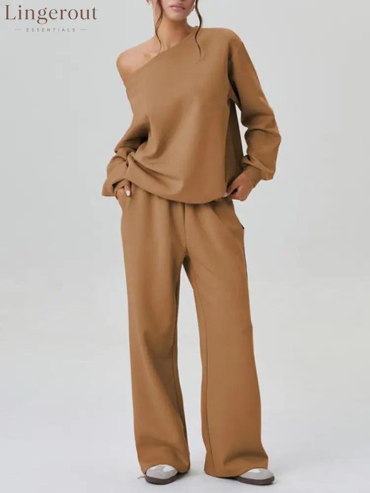 Women’s Off-Shoulder Long Sleeve Top & Wide-Leg Pants Set - Camel / S