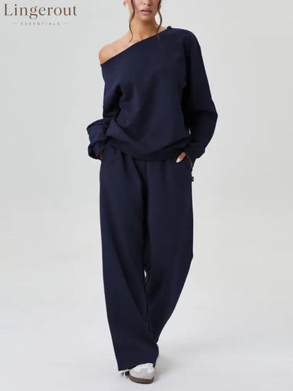 Women’s Off-Shoulder Long Sleeve Top & Wide-Leg Pants Set - Navy / S
