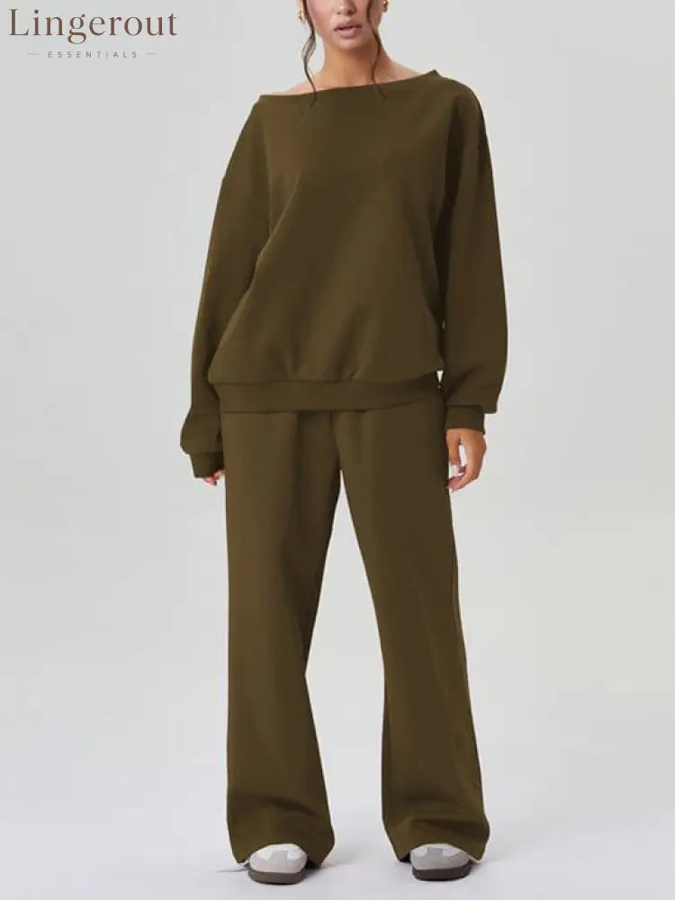 Women’s Off-Shoulder Long Sleeve Top & Wide-Leg Pants Set - Olive / S