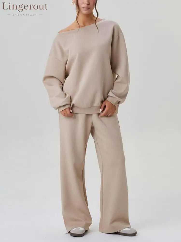 Women’s Off-Shoulder Long Sleeve Top & Wide-Leg Pants Set - Taupe / S