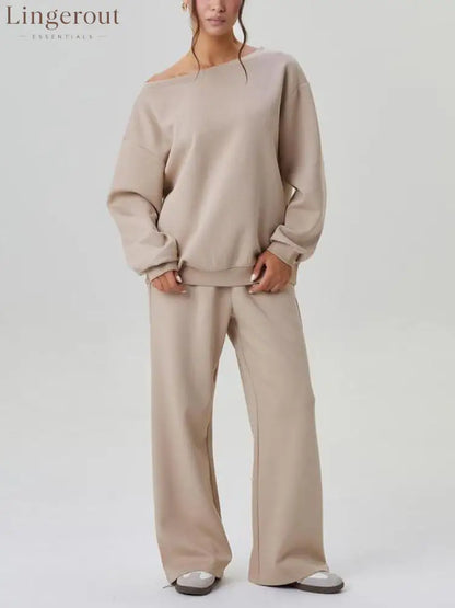 Women’s Off-Shoulder Long Sleeve Top & Wide-Leg Pants Set - Taupe / S