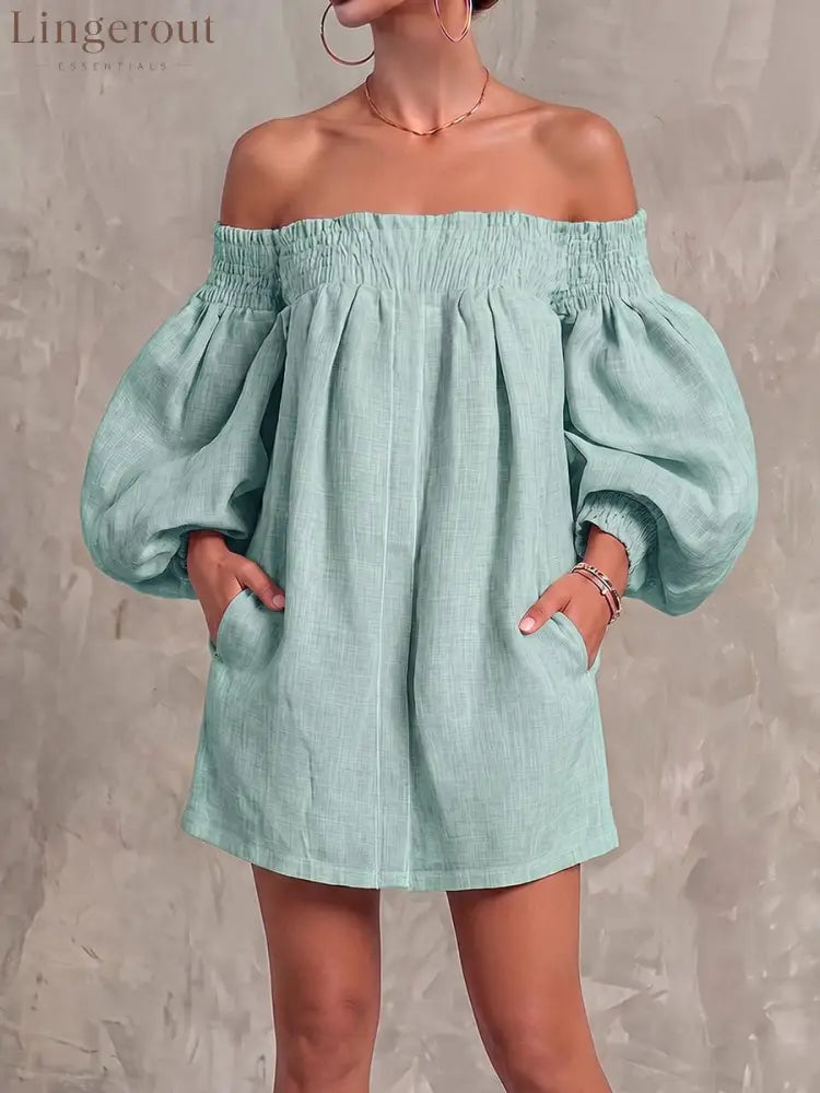 Women’s Off-shoulder Long-sleeved Casual Loose Cotton And Linen Dress - Green / S