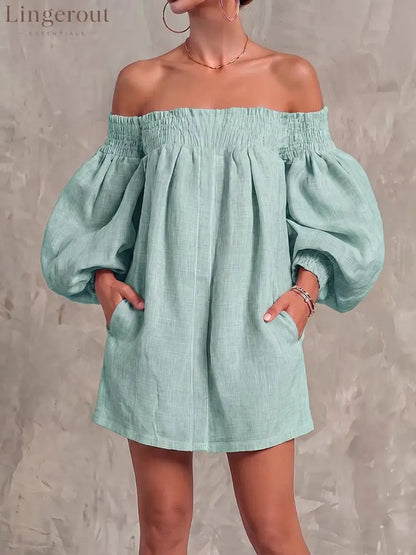 Women’s Off-shoulder Long-sleeved Casual Loose Cotton And Linen Dress - Green / S