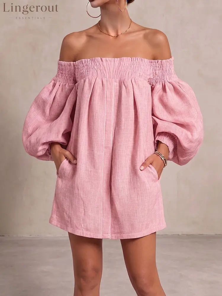 Women’s Off-shoulder Long-sleeved Casual Loose Cotton And Linen Dress - Pink / S