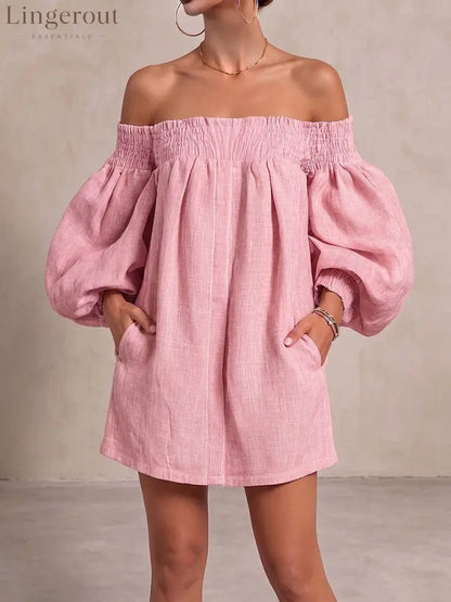 Women’s Off-shoulder Long-sleeved Casual Loose Cotton And Linen Dress - Pink / S