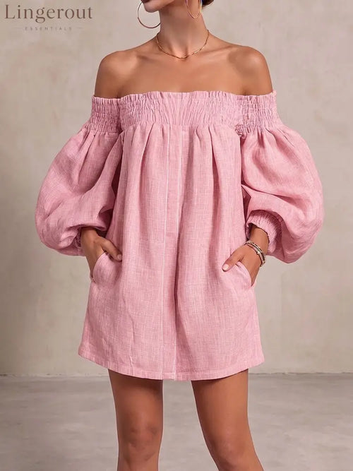Women’s Off-shoulder Long-sleeved Casual Loose Cotton And Linen Dress - Pink / S