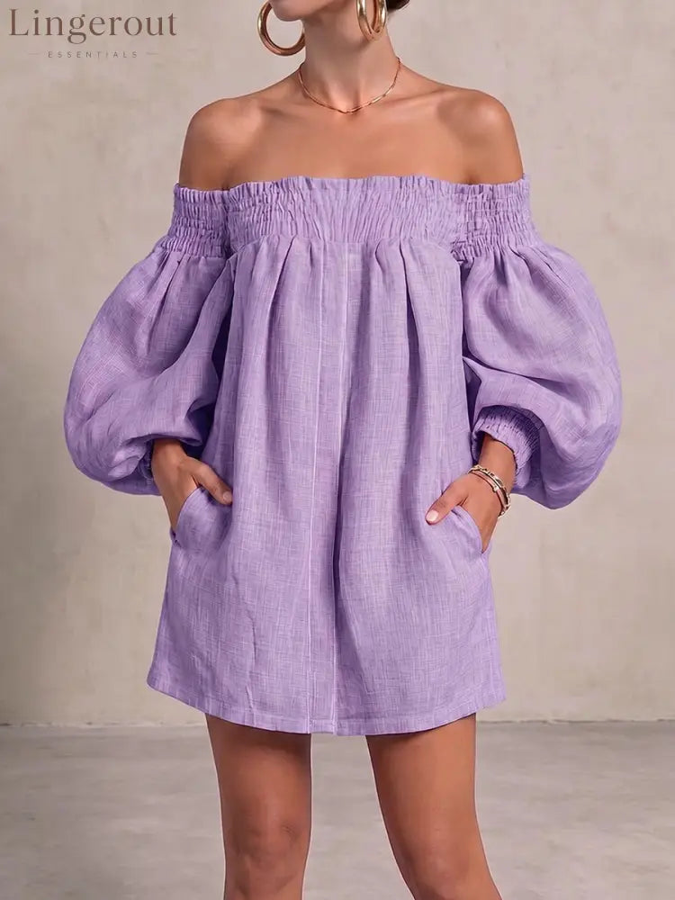 Women’s Off-shoulder Long-sleeved Casual Loose Cotton And Linen Dress - Purple / S