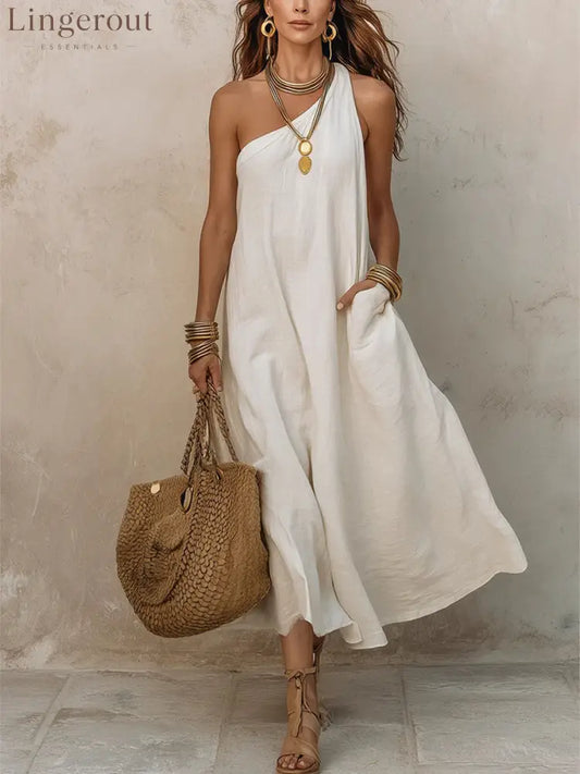 Women’s Off-shoulder Sleeveless Cotton-linen Dress - White / S