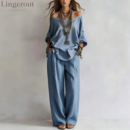 Women’S One-Shoulder Loose Top Wide-Leg Pants Cross-Border Two-Piece Set