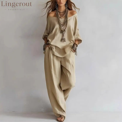 Women’S One-Shoulder Loose Top Wide-Leg Pants Cross-Border Two-Piece Set