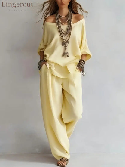 Women’S One-Shoulder Loose Top Wide-Leg Pants Cross-Border Two-Piece Set - Apricot / S