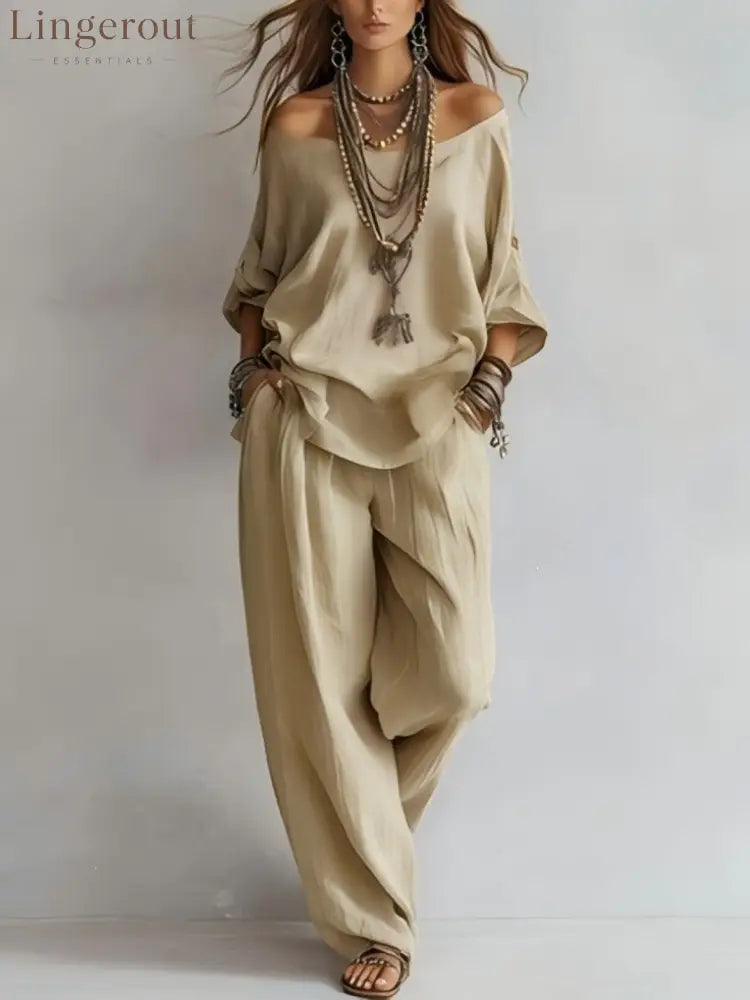 Women’S One-Shoulder Loose Top Wide-Leg Pants Cross-Border Two-Piece Set - Khaki / S