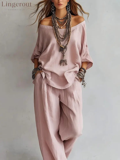 Women’S One-Shoulder Loose Top Wide-Leg Pants Cross-Border Two-Piece Set - Pink / S